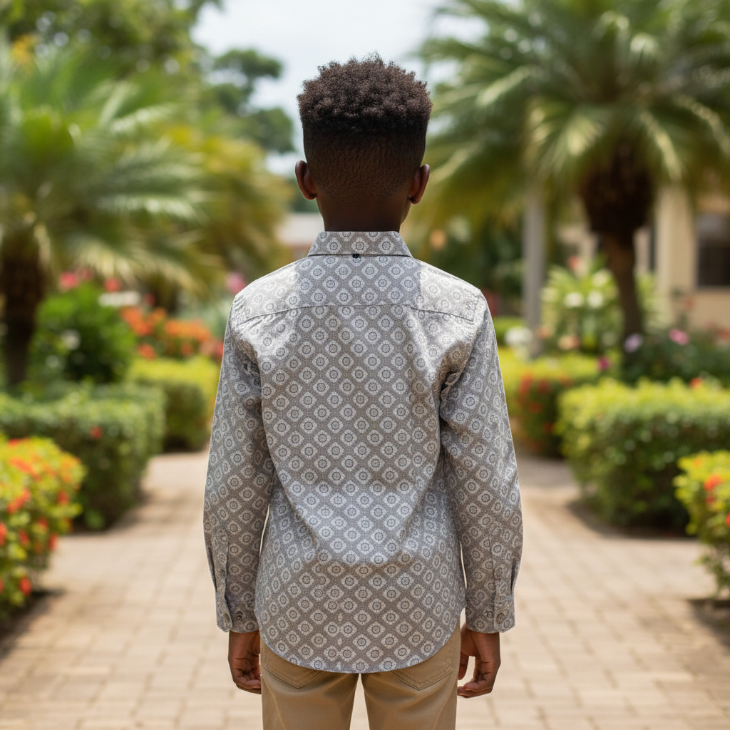 Boys Grey Medallion Print Shirt - Back View