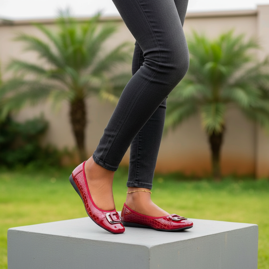Women's red patent croc flat pumps – Nigerian female model leg shot