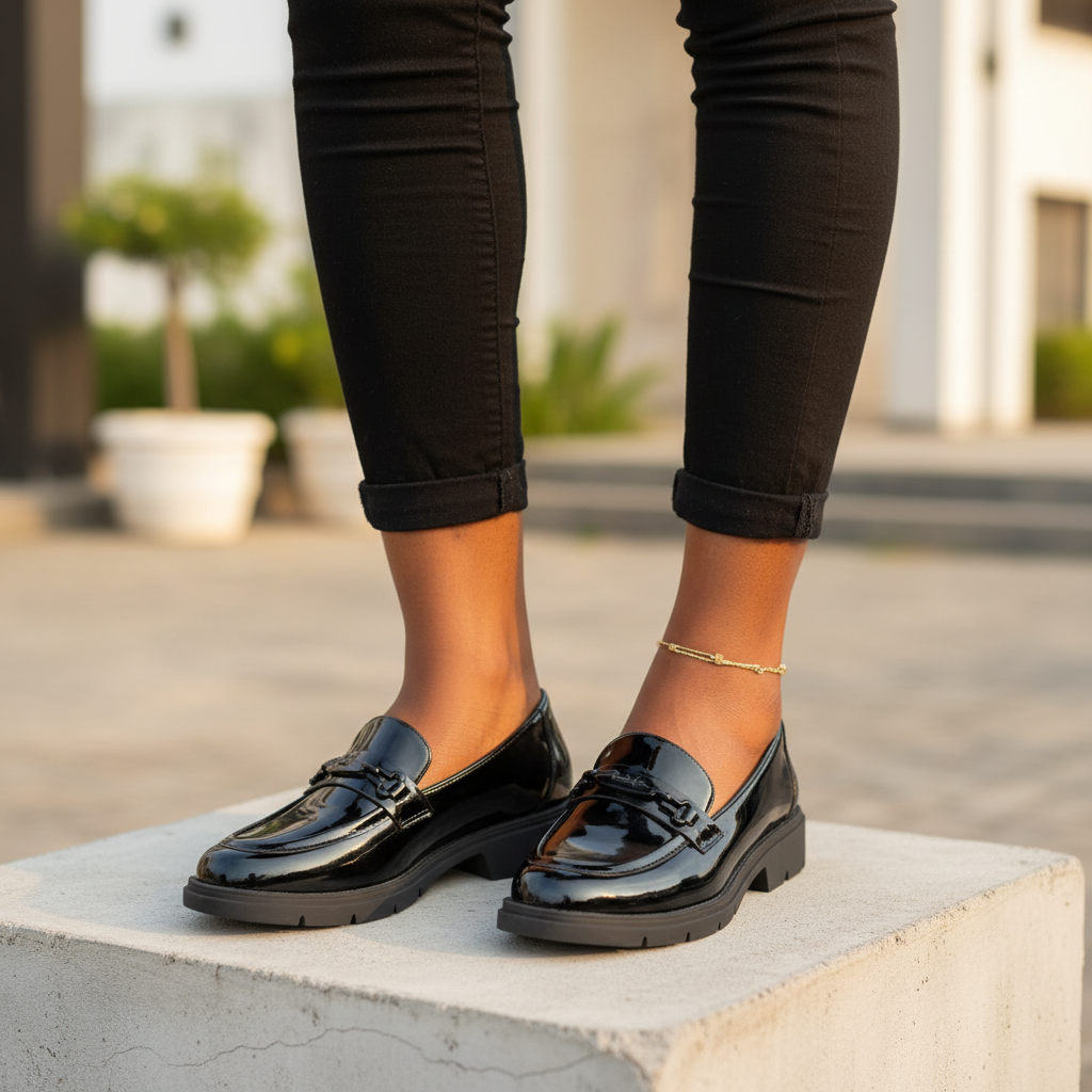 Nigerian female model wearing women's black patent leather penny loafer with lug sole