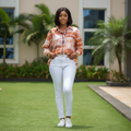 Women's rust orange abstract stripe swirl print long-sleeve button-down shirt - model shot