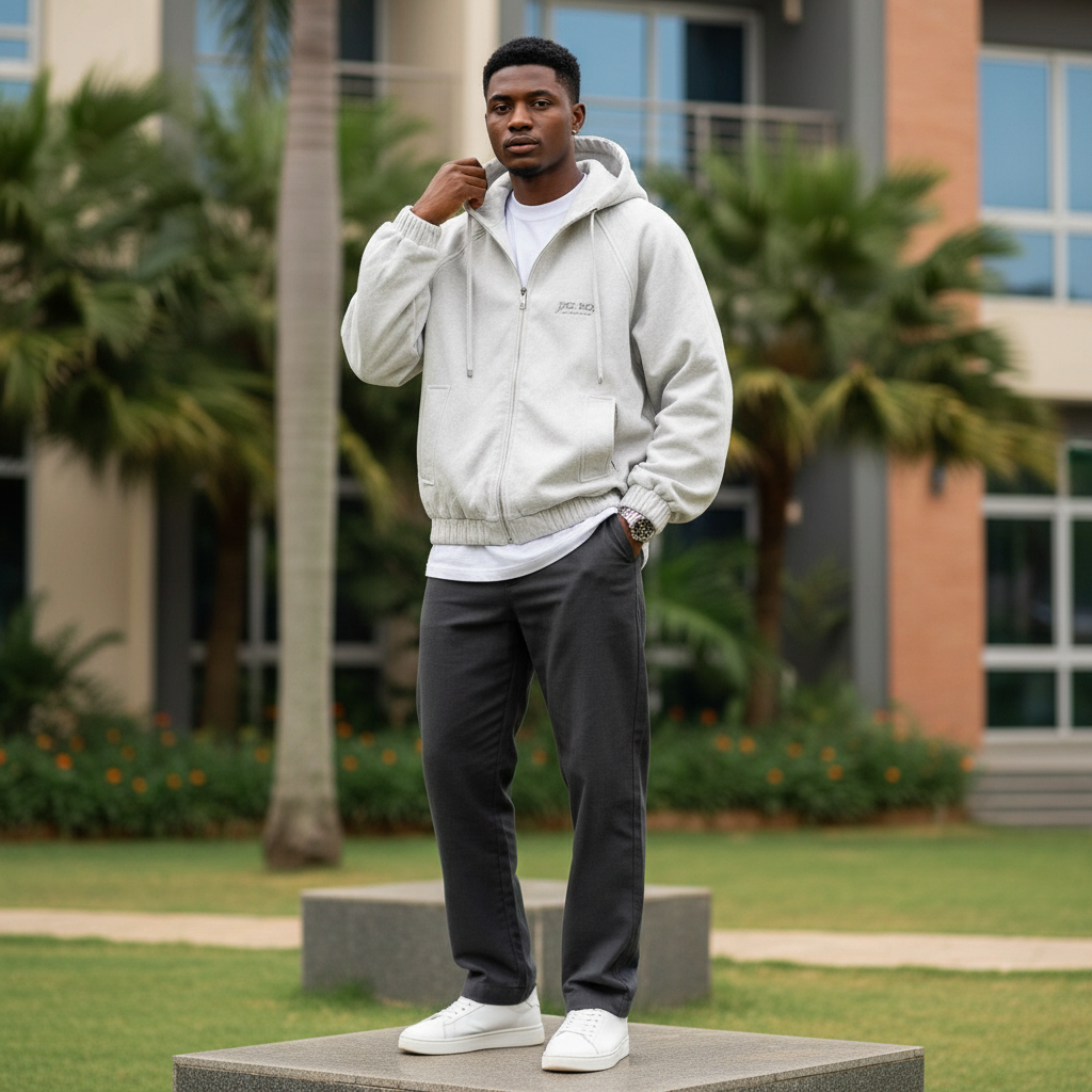 Men's Light Grey Oversized Zip-Up Hoodie Jacket – Nigerian Male Model