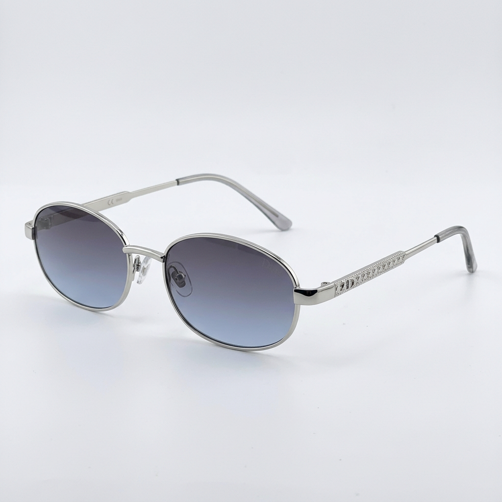 Silver-tone rounded sunglasses with blue-grey gradient lenses