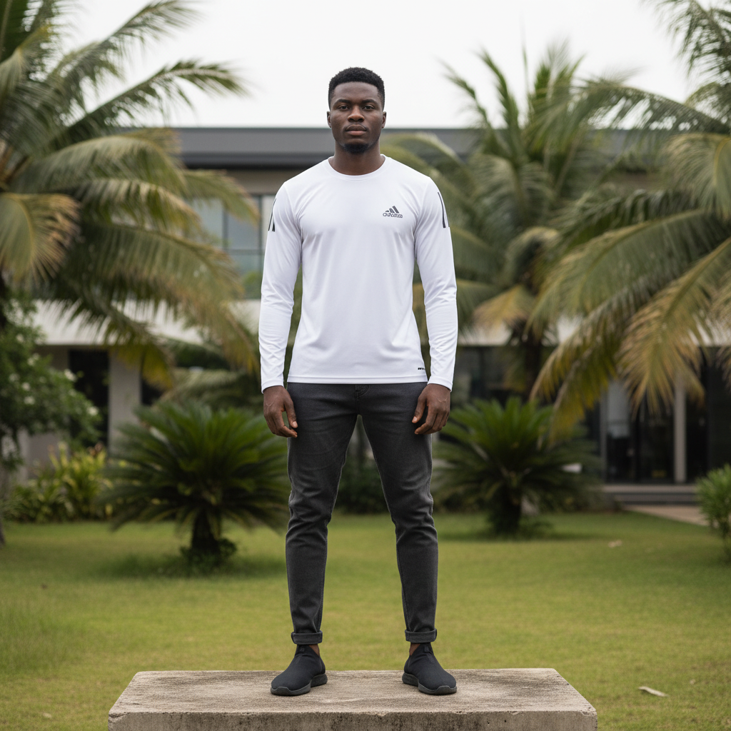 Men's White Long-Sleeve Athletic Performance Shirt – Nigerian Male Model