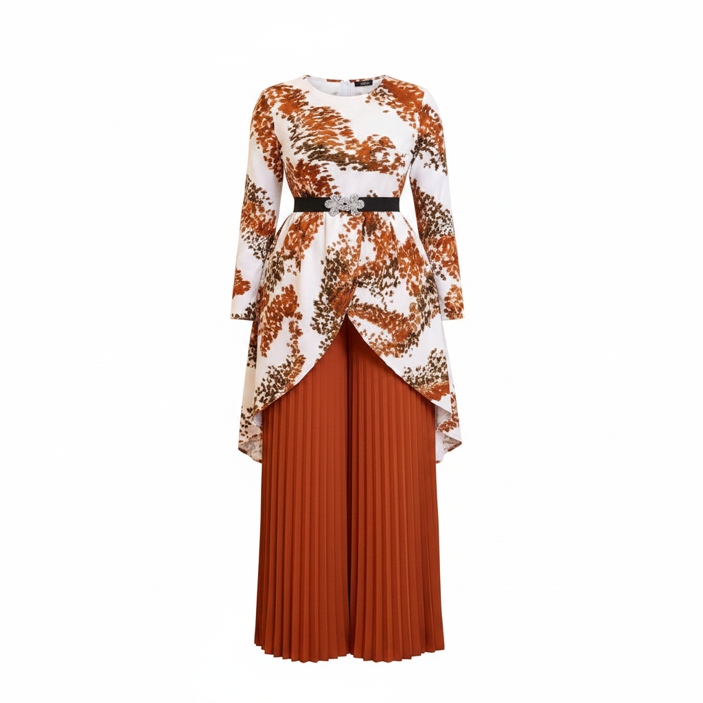 Women's rust floral print asymmetric top and burnt orange pleated trousers co-ord set ghost mannequin single view