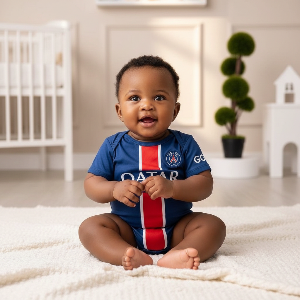 Nigerian baby wearing royal blue & red stripe football romper bodysuit lifestyle shot