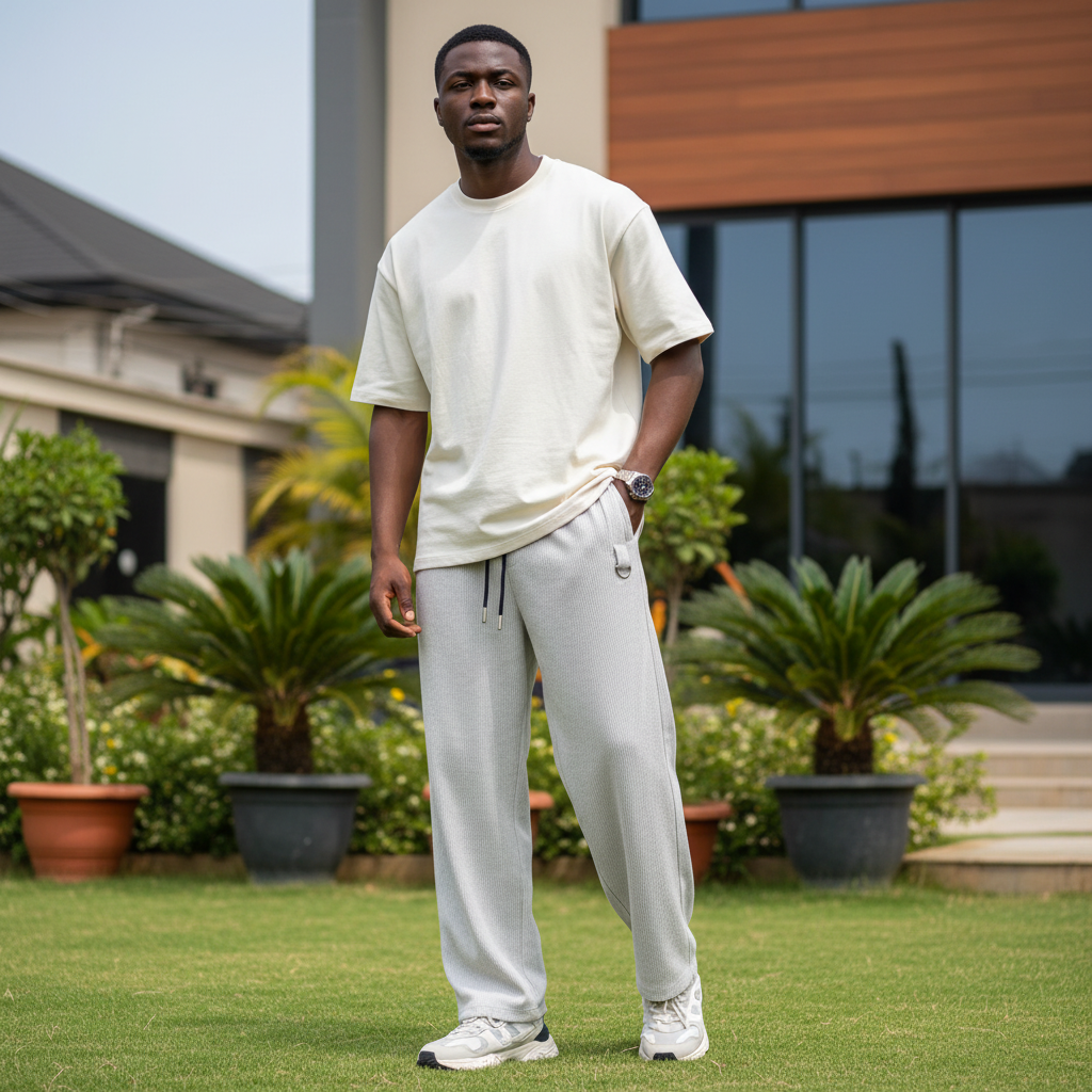 Nigerian male model wearing light grey ribbed wide-leg jogger pants