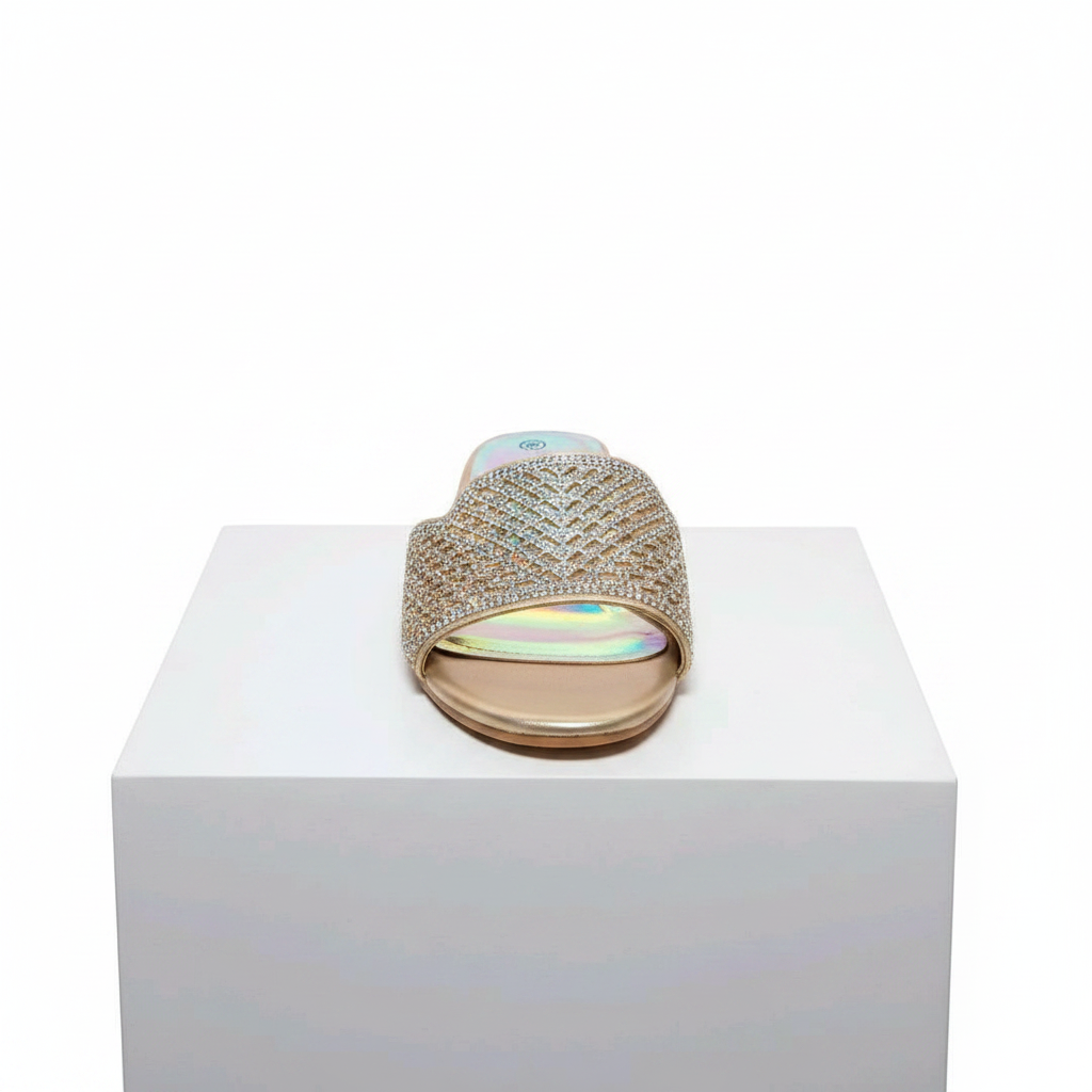 Gold diamond rhinestone flat mule slide on white platform – studio shot