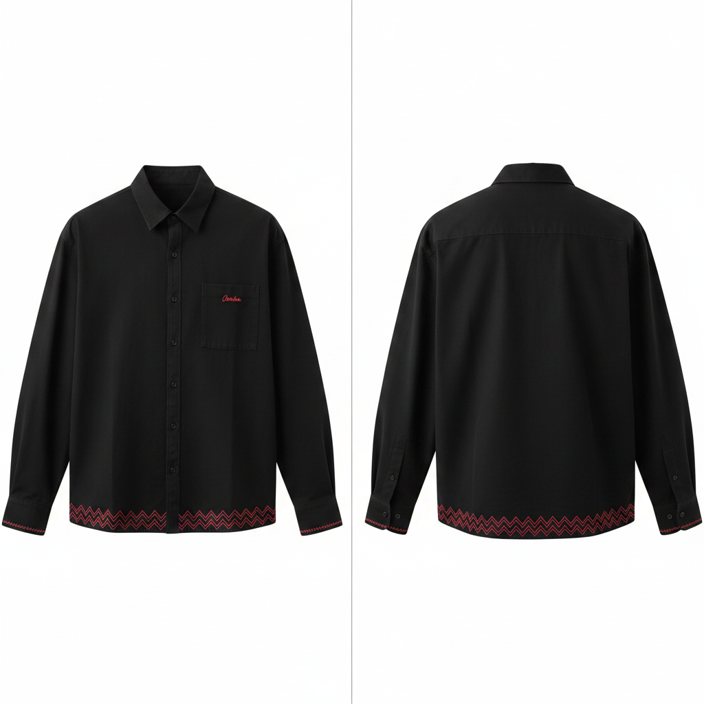 Men's black embroidered logo chevron hem long-sleeve shirt ghost mannequin front and back view