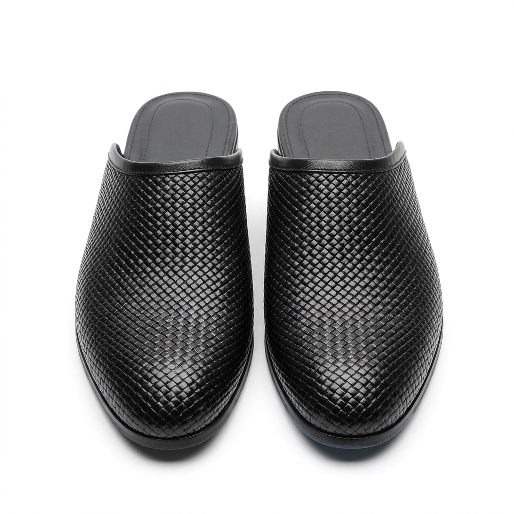 Pair of men’s black woven-textured mule shoes