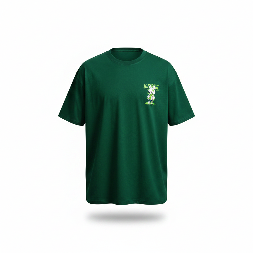 Ghost mannequin front view of the green cartoon graphic tee