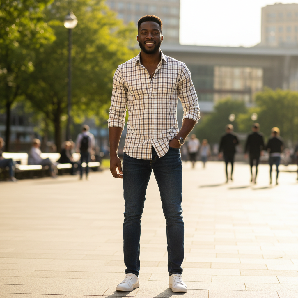 Nigerian model wearing White Base Fine Yellow and Brown Micro-Check Long-Sleeve Button-Down Shirt