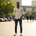 Nigerian model wearing White Base Fine Yellow and Brown Micro-Check Long-Sleeve Button-Down Shirt