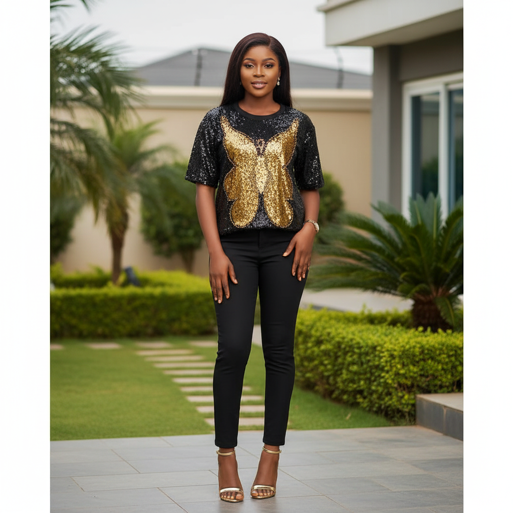 Model Shot – Gold Butterfly Sequin Top