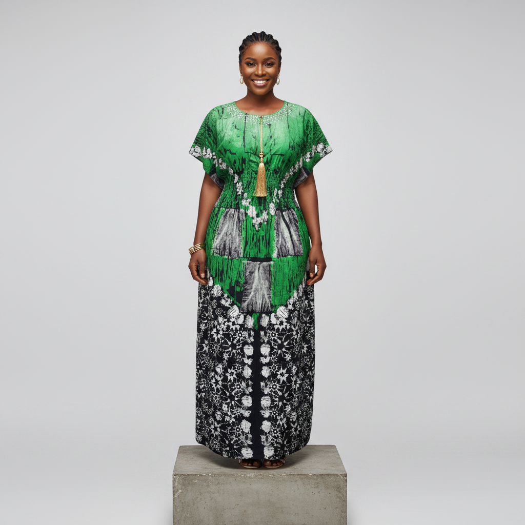 Nigerian female model wearing Green Adire Long Bubu Gown with smocked waist and gold tassel