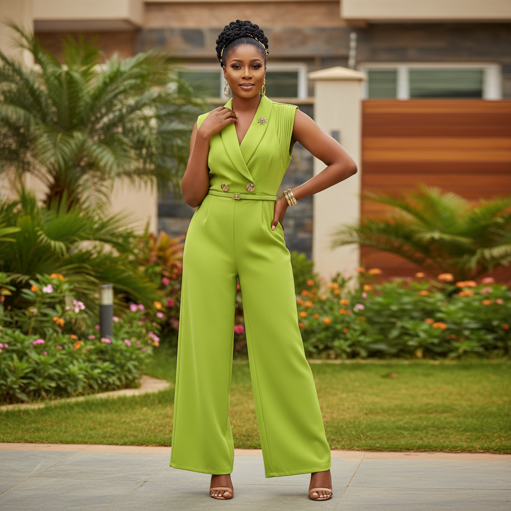 Lime Green Sleeveless Wide-Leg Jumpsuit - Front Model View