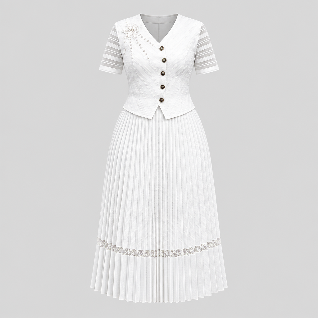 White V-neck pleated dress on invisible mannequin