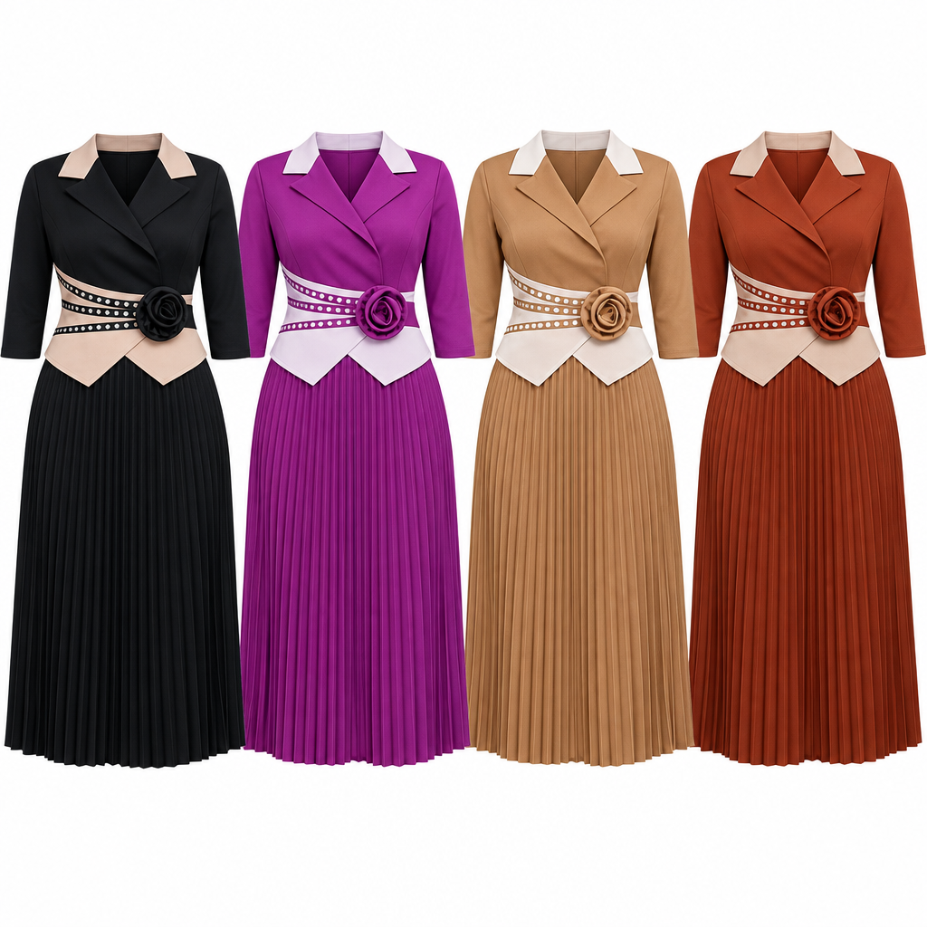 Contrast-collar pleated dress in black, purple, camel and rust on white background