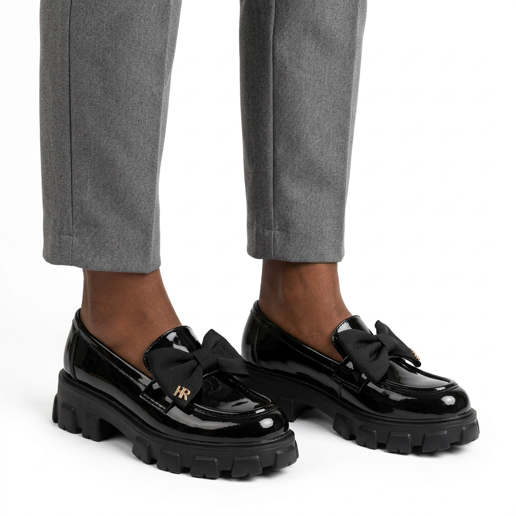Adult woman wearing black glossy bow-detail chunky loafers