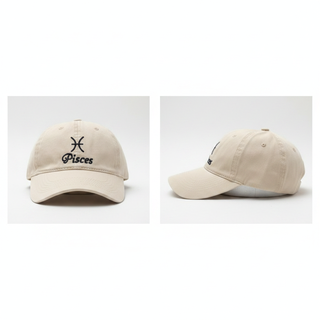 Cream off-white Pisces zodiac embroidered dad cap – ghost mannequin front and side view
