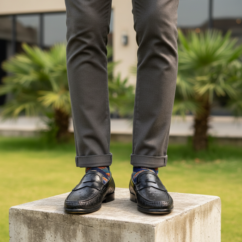 Men's black ostrich-texture leather penny loafer - Nigerian male model leg focus