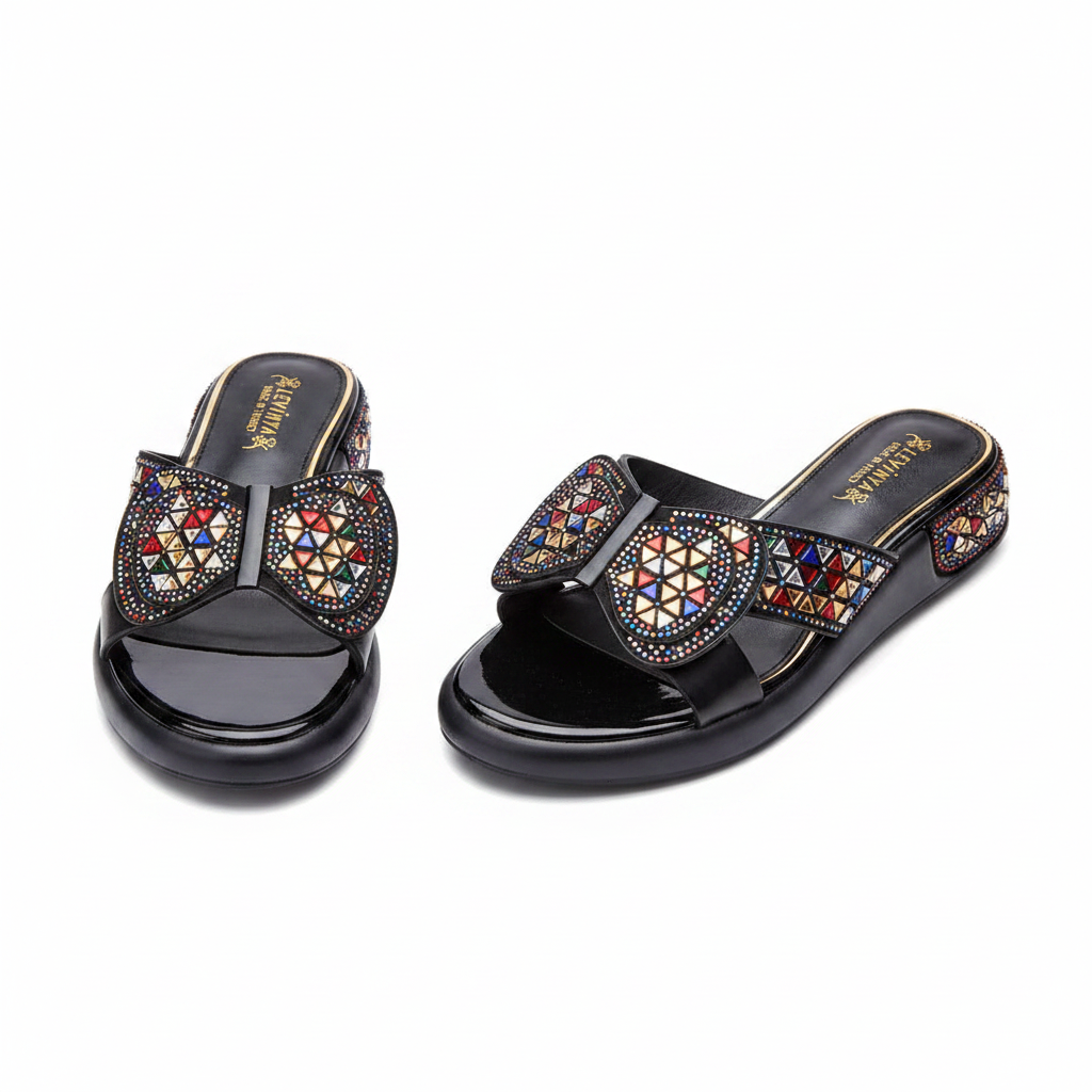 Women's black patent mosaic rhinestone cross-strap mule slipper - ghost mannequin pair view