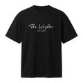 Black crew-neck T-shirt with white script chest print on an invisible mannequin
