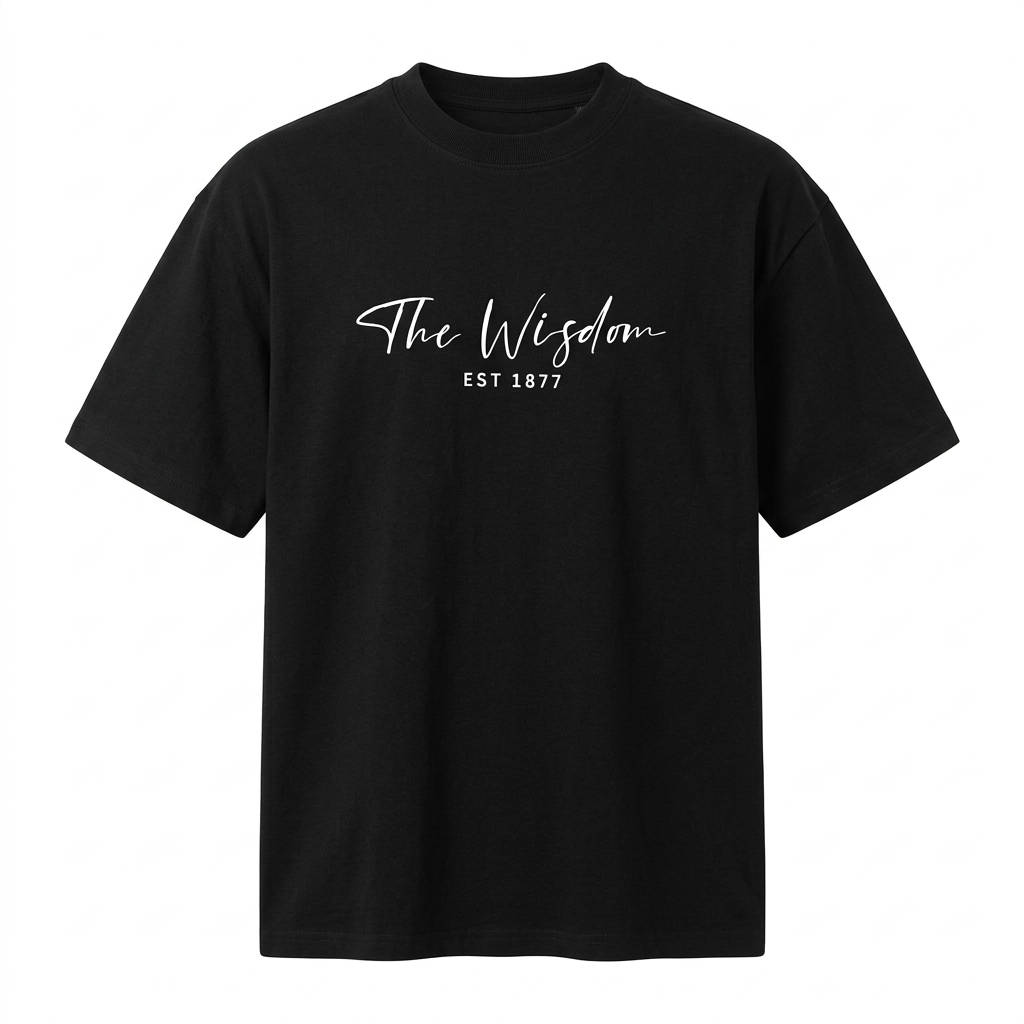 Black crew-neck T-shirt with white script chest print on an invisible mannequin