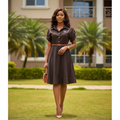 Women's dark brown gold button crystal brooch belted shirt dress - model shot