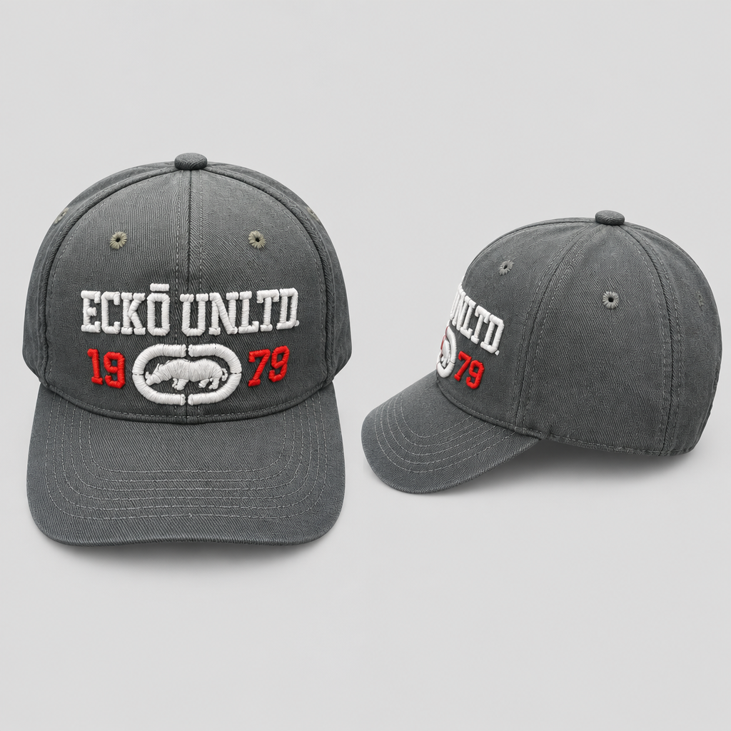Unisex charcoal grey embroidered baseball cap, front and side view