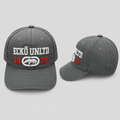 Unisex charcoal grey embroidered baseball cap, front and side view