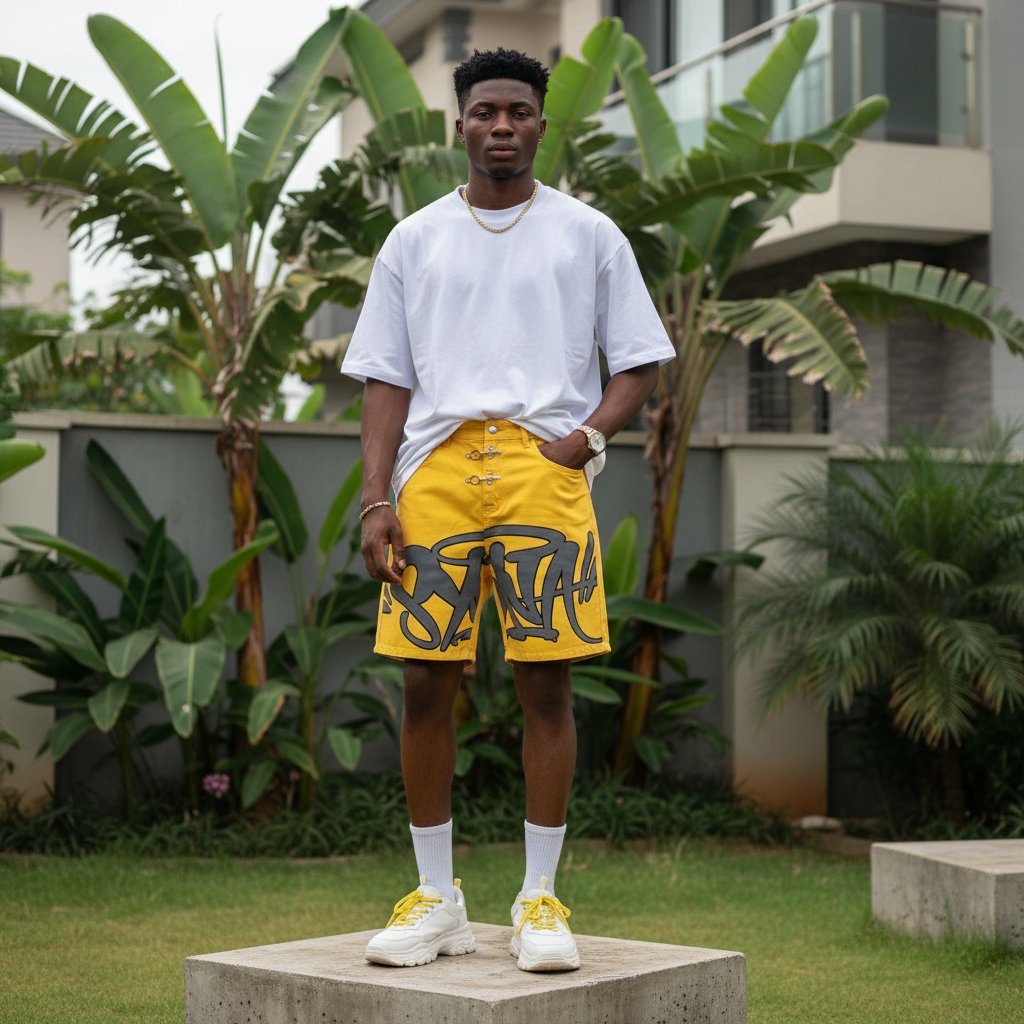 Nigerian male model wearing men's yellow graffiti tag print clasp hardware denim shorts streetwear style