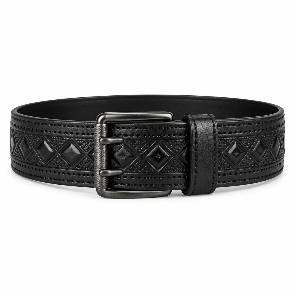 Black Embossed Diamond Pattern Leather Belt - Front View