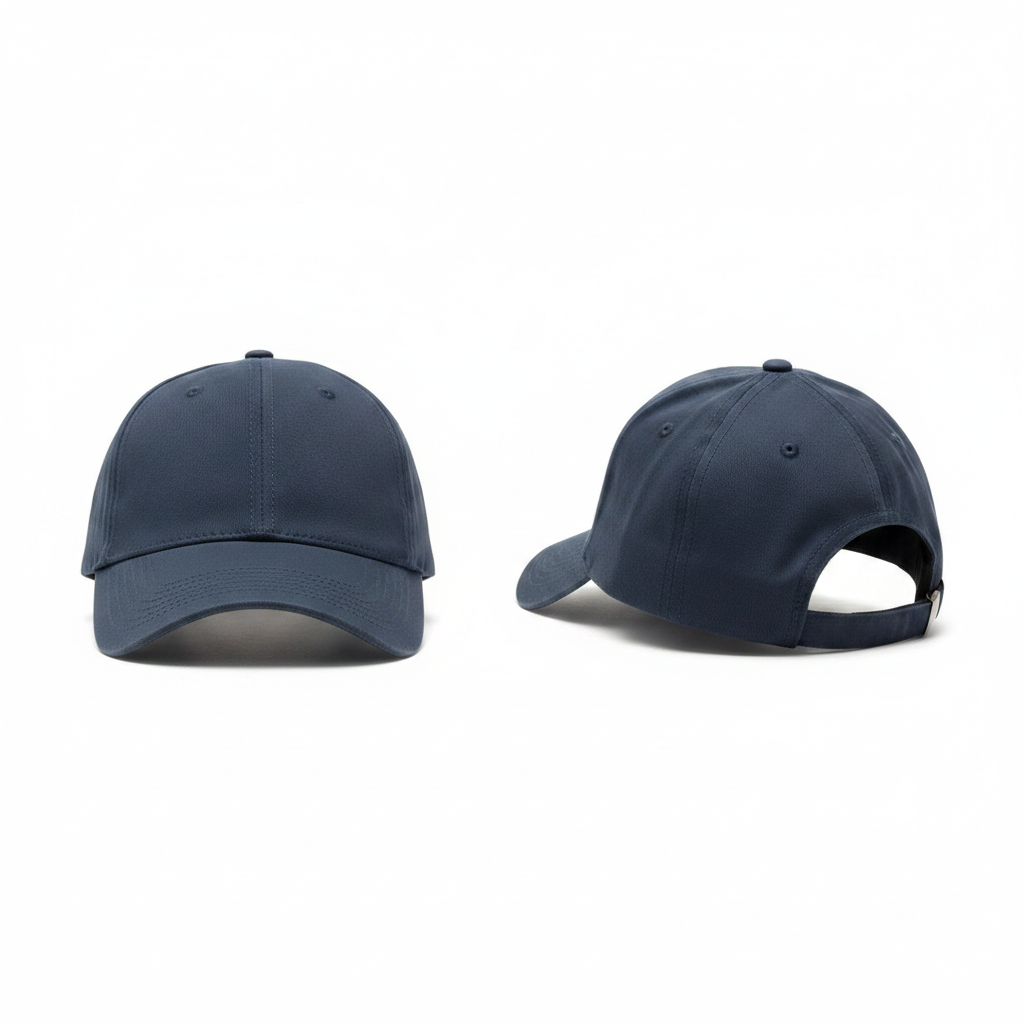 Plain navy slate blue cotton baseball cap ghost mannequin front and side view