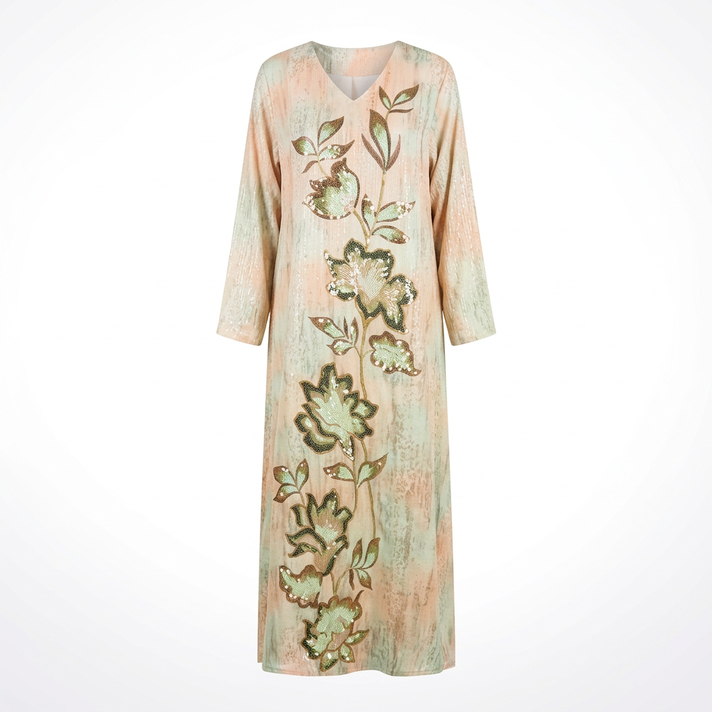 Peach and mint floral-embellished abaya on an invisible mannequin against white