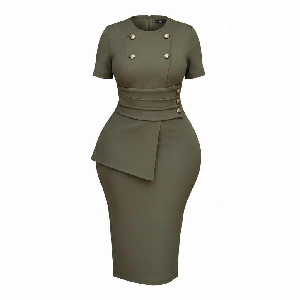 Ghost mannequin view of women's olive green double-breasted peplum bodycon midi dress