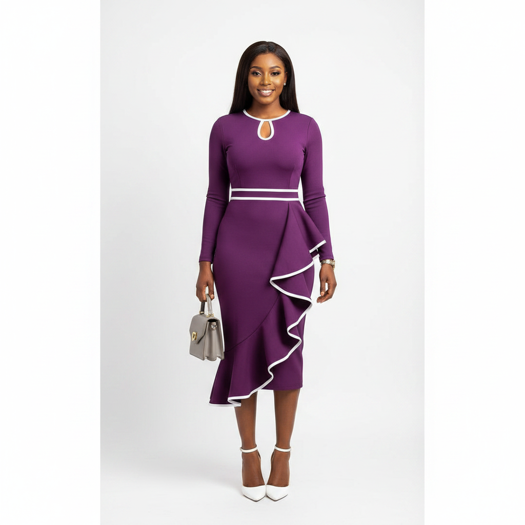 Purple Bodycon Ruffle Hem Dress with White Trim – Model Shot