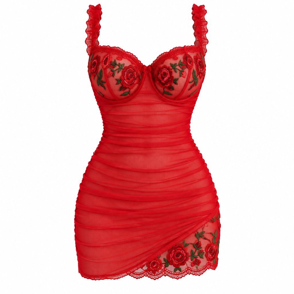 Rose Embroidery Mesh Ruched Slip Dress – Red