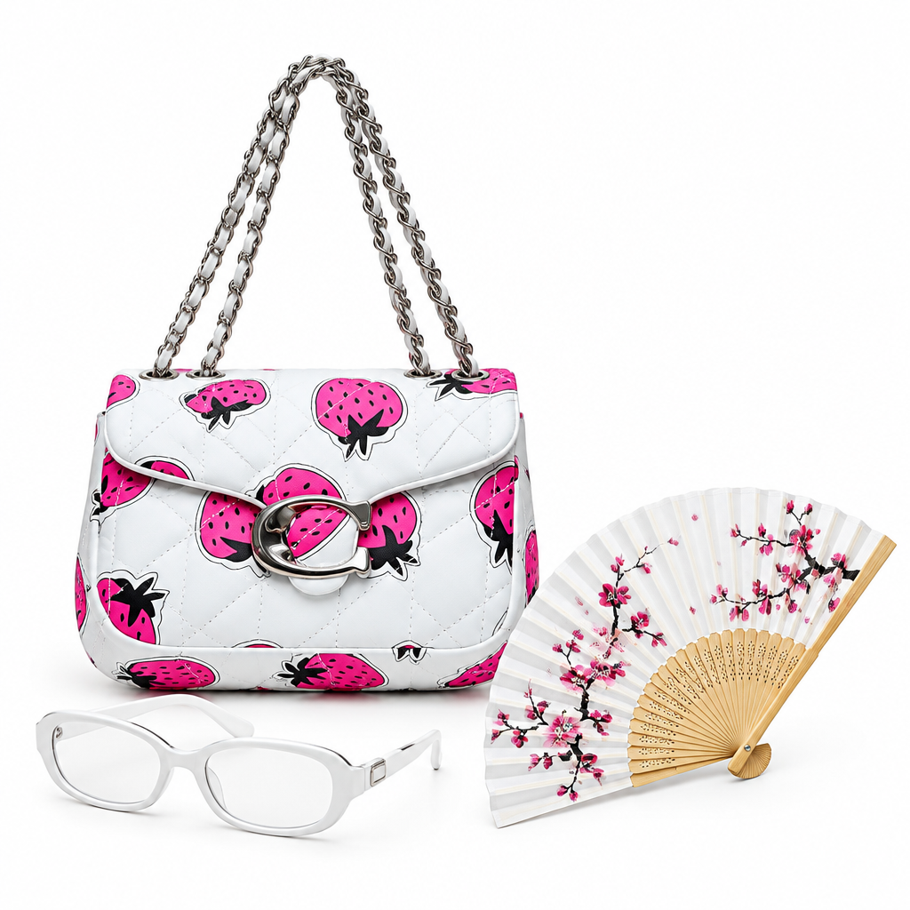White pink strawberry bag white eyeglasses and floral folding fan