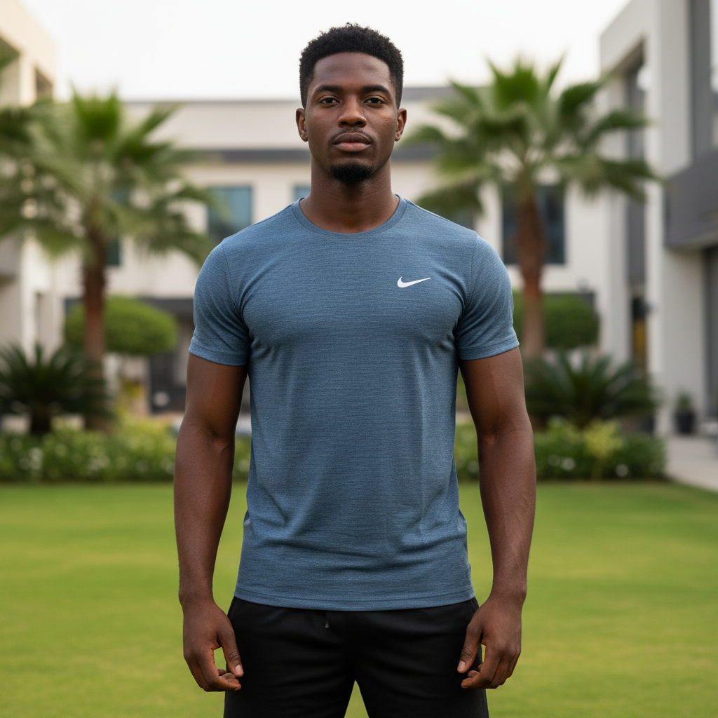 Nigerian male model wearing steel blue heathered athletic performance tee