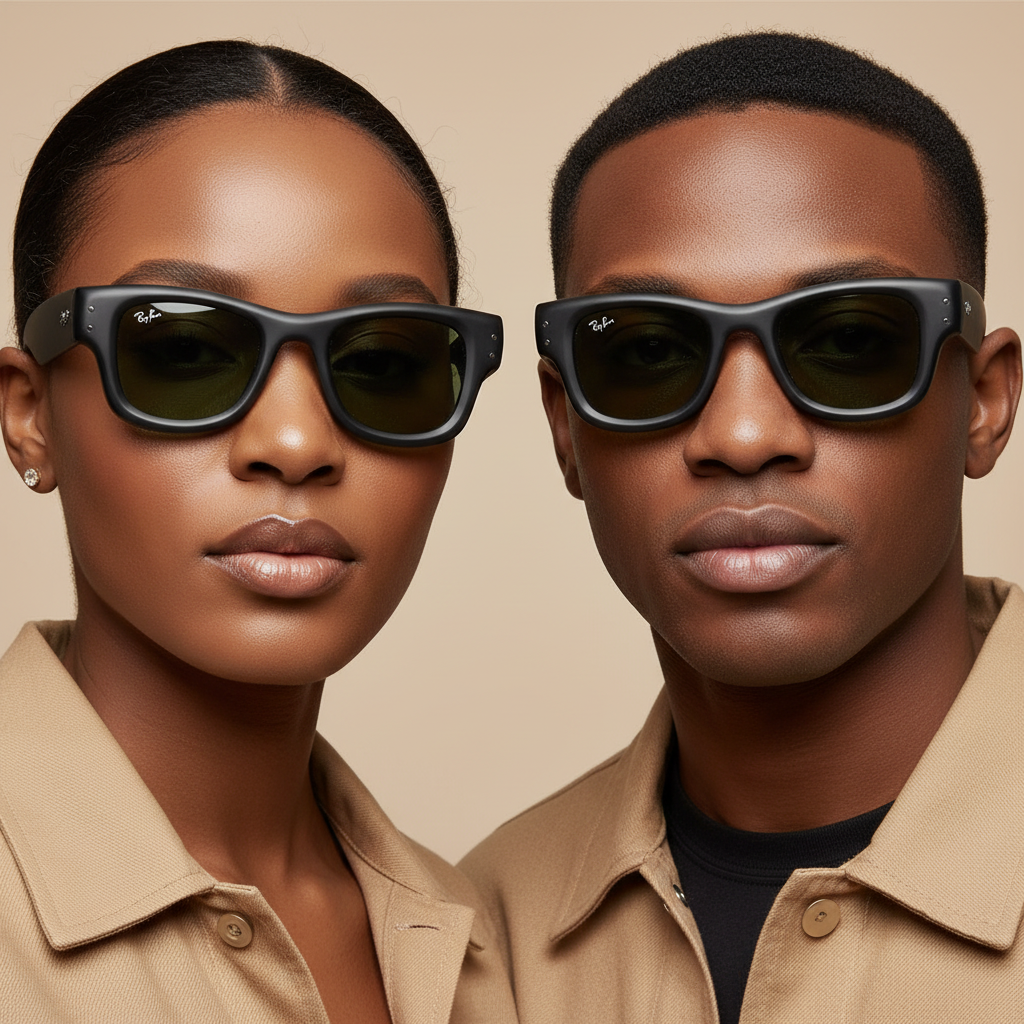 Nigerian female and male models wearing matte black wayfarer sunglasses with green tinted lenses
