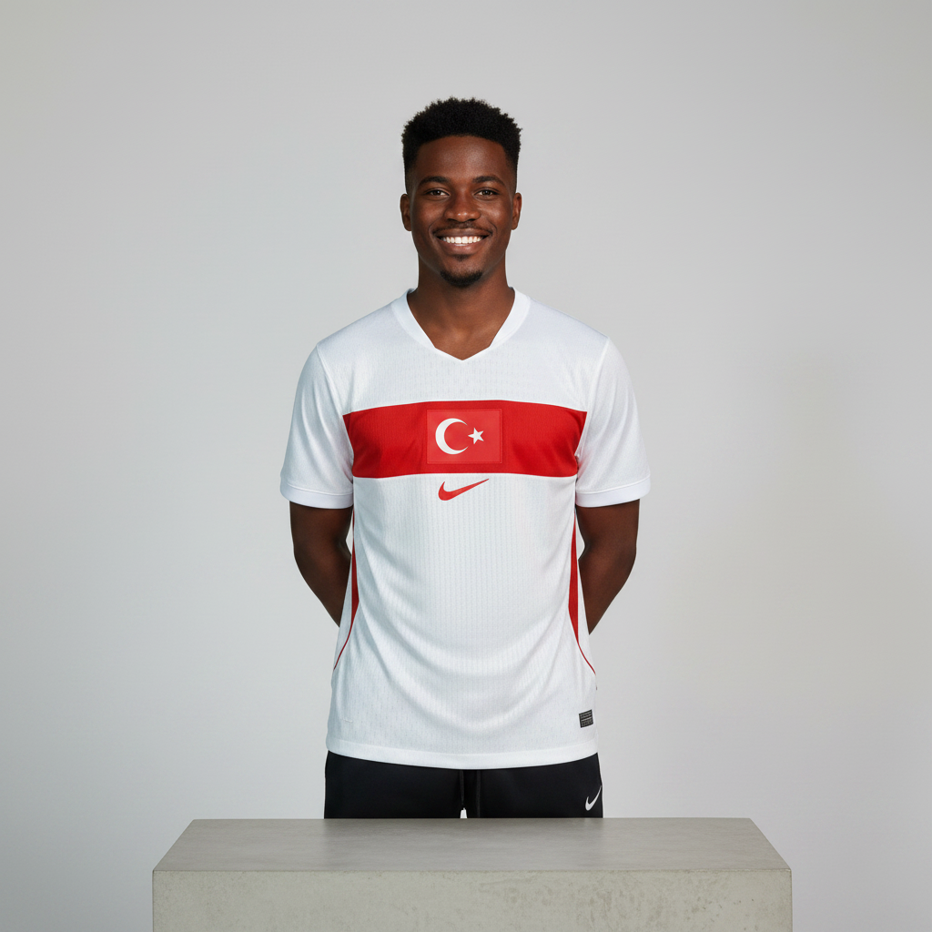 Nigerian male model wearing white football jersey with red chest band on concrete plinth
