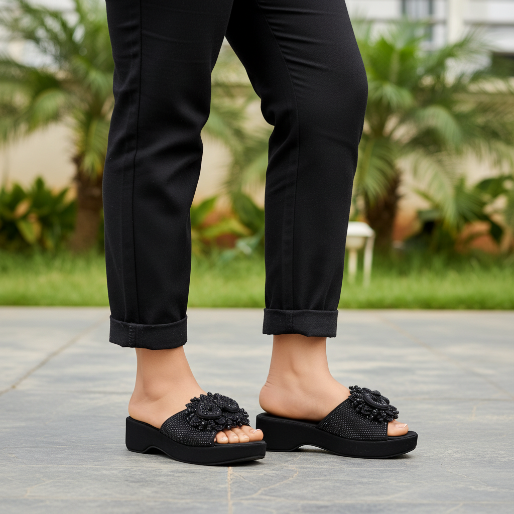 Plus-size Nigerian female model wearing black crystal floral platform wedge slide — leg focus