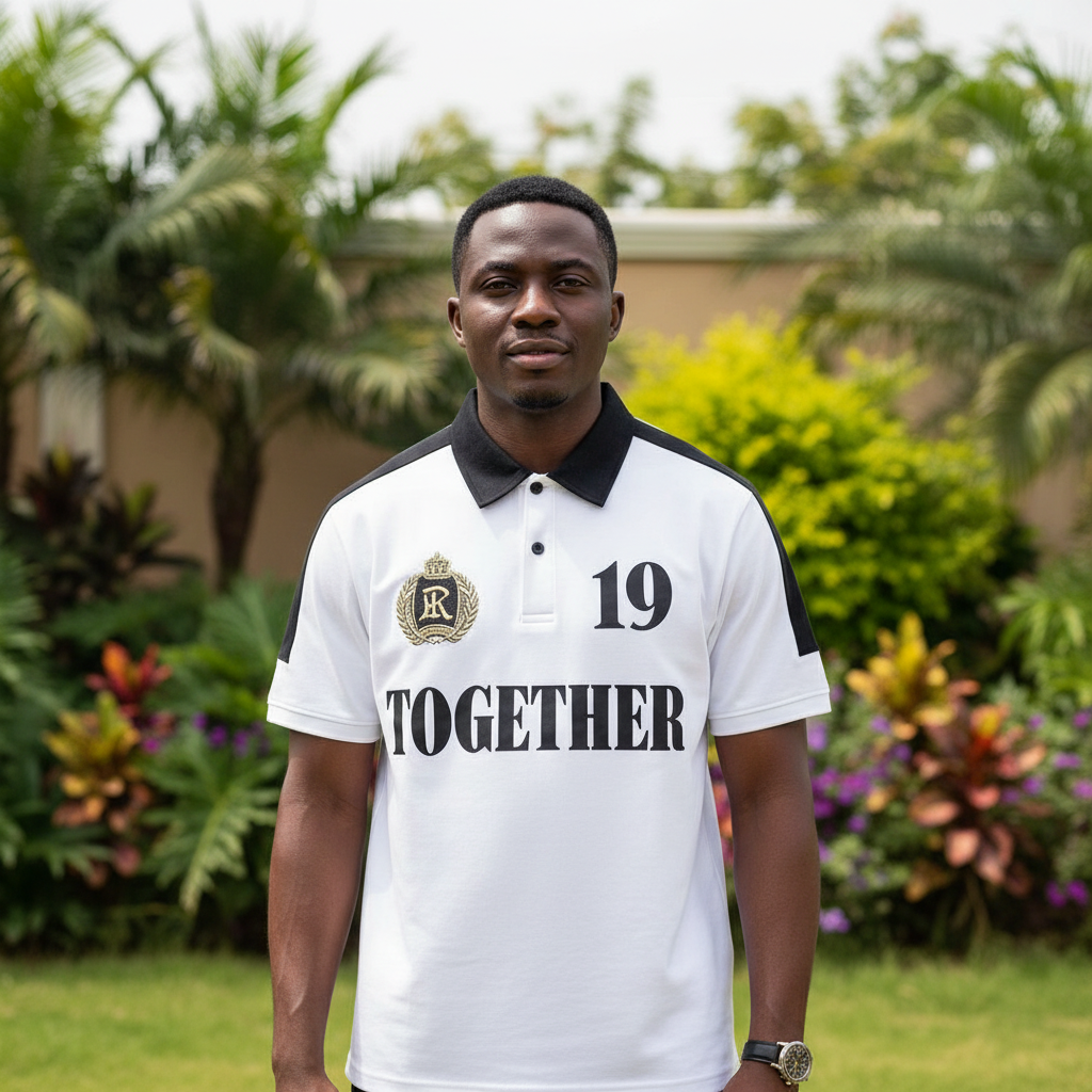 Men's White Together Graphic Polo Shirt - Nigerian Male Model