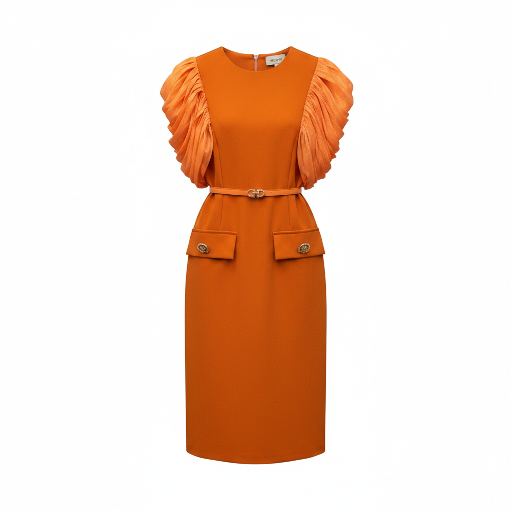 Women's ruffle-sleeve belted midi dress in orange – ghost mannequin front view