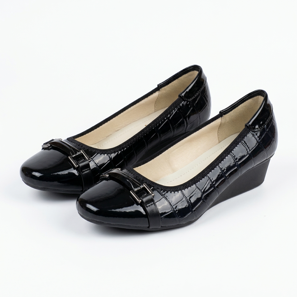 Matching black croc-embossed buckle-strap wedge shoes