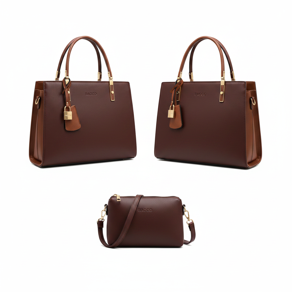Chocolate brown structured leather handbag ghost mannequin front and side view with matching mini crossbody bag
