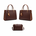 Chocolate brown structured leather handbag ghost mannequin front and side view with matching mini crossbody bag