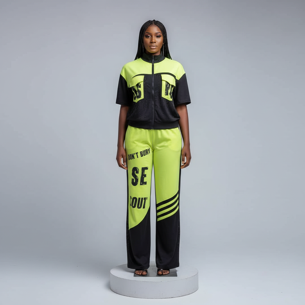 Neon Yellow Black Tracksuit Set - Model Front View