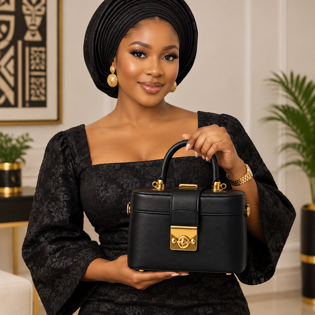 Nigerian woman holding black gold-clasp structured top-handle bag