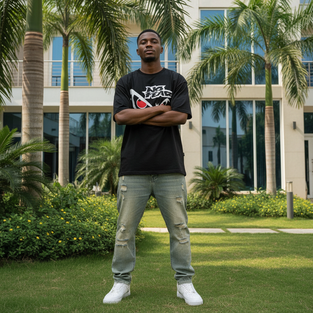 Nigerian male model wearing black No Fear eye graphic tee – front view
